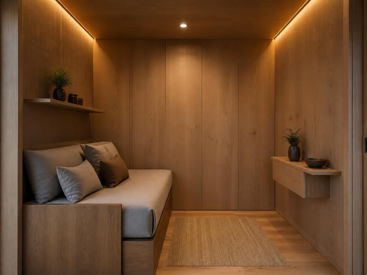 Interior of a single closed AM Bay unit with a solid oak panel wall