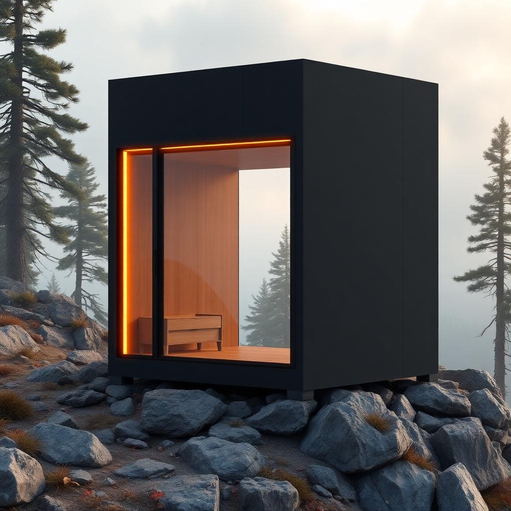 An AM Bay unit as a mountain cabin room on a rocky slope