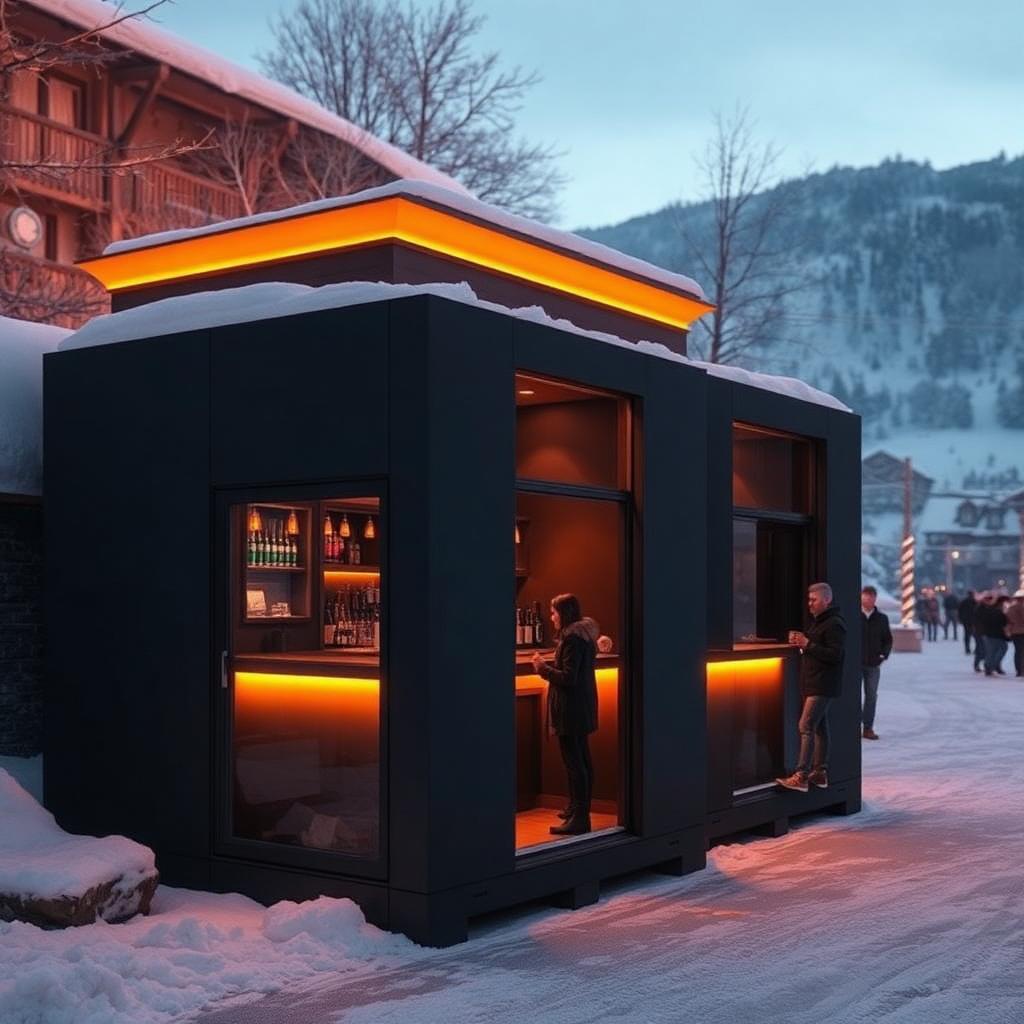 Two joined AM Bay units as a bar in a snowy village