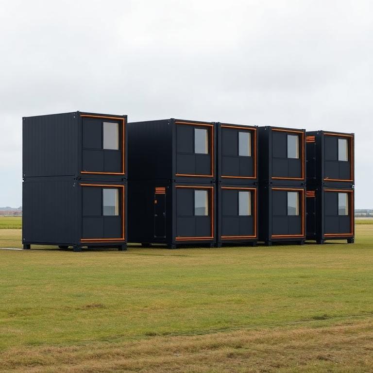 A row of stacked AM Bay units deployed as temporary housing in a field