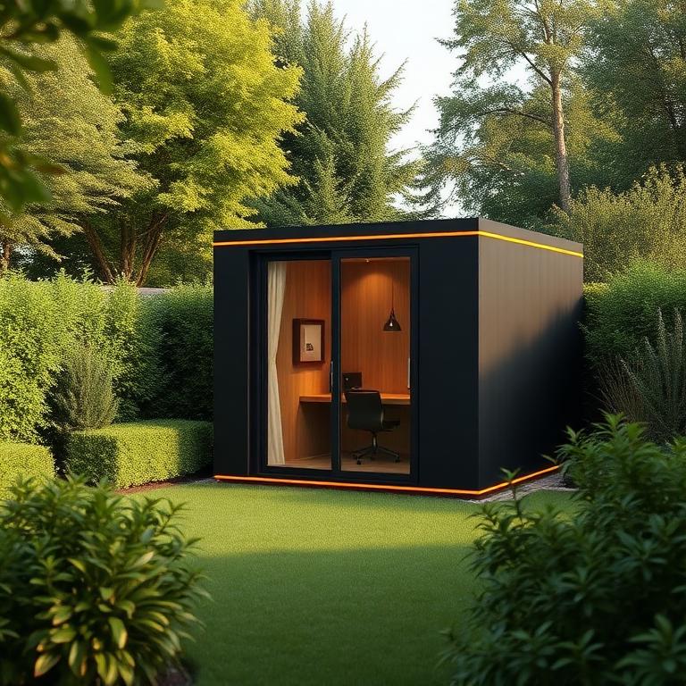 An AM Bay unit as a garden office at the end of a green garden