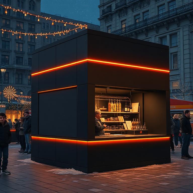 An AM Bay unit as a Christmas market stall at night