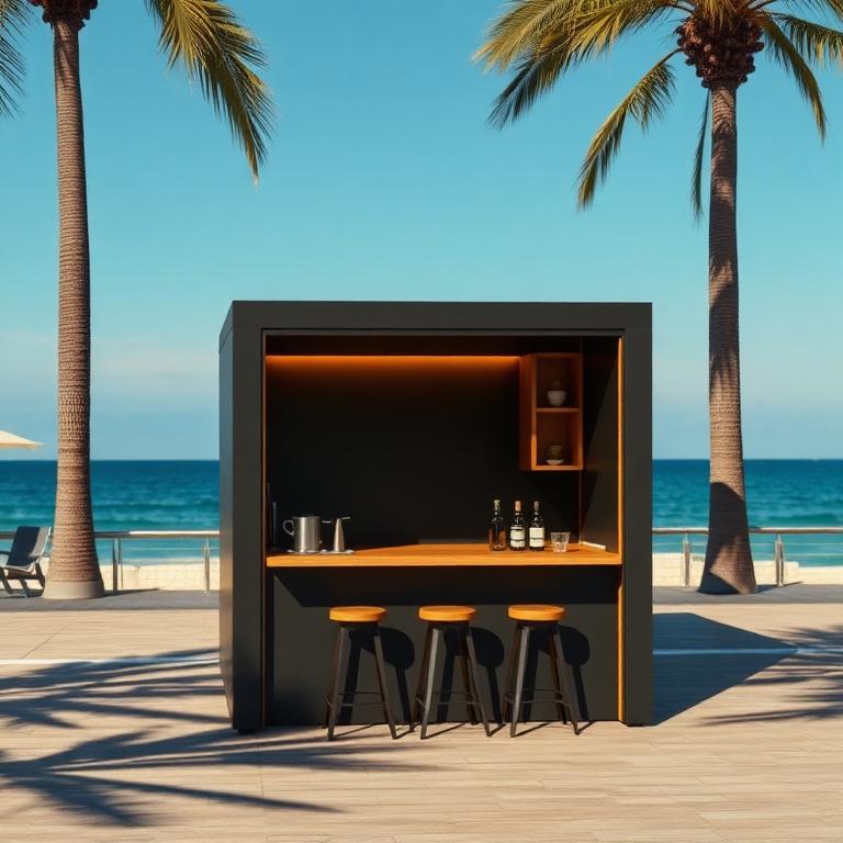 An AM Bay unit as a seaside coffee bar with counter and stools