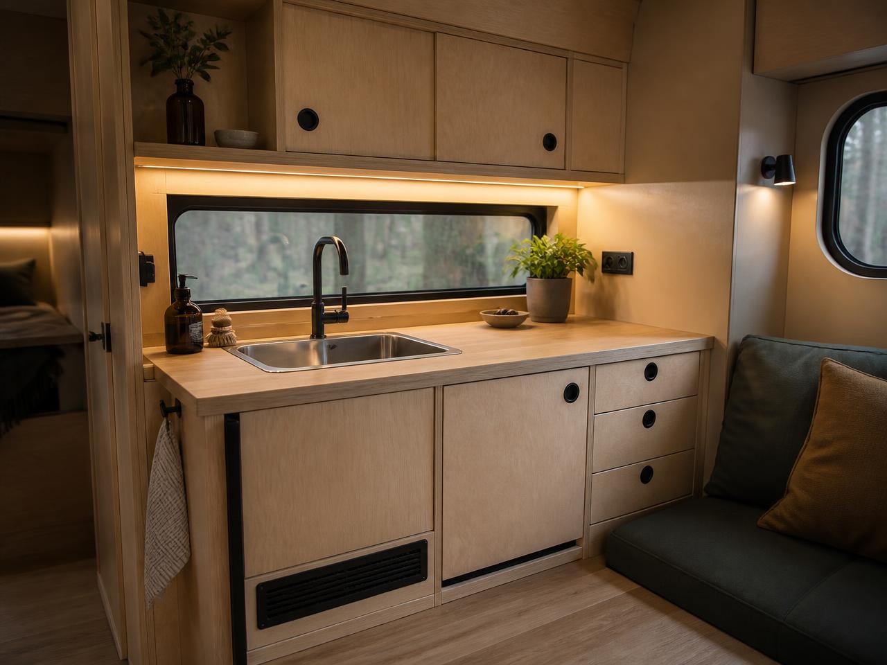 Interior of the AM Bay Serviced unit with kitchen sink, oak counter and fitted storage