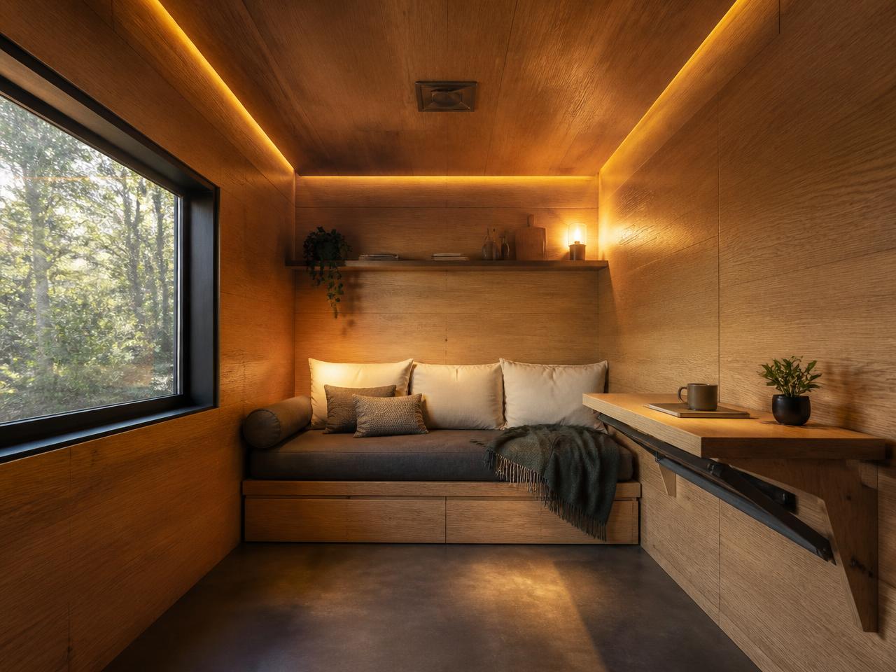 Interior of the AM Bay Studio unit with oak panelling, bed as a sofa and fold-down desk