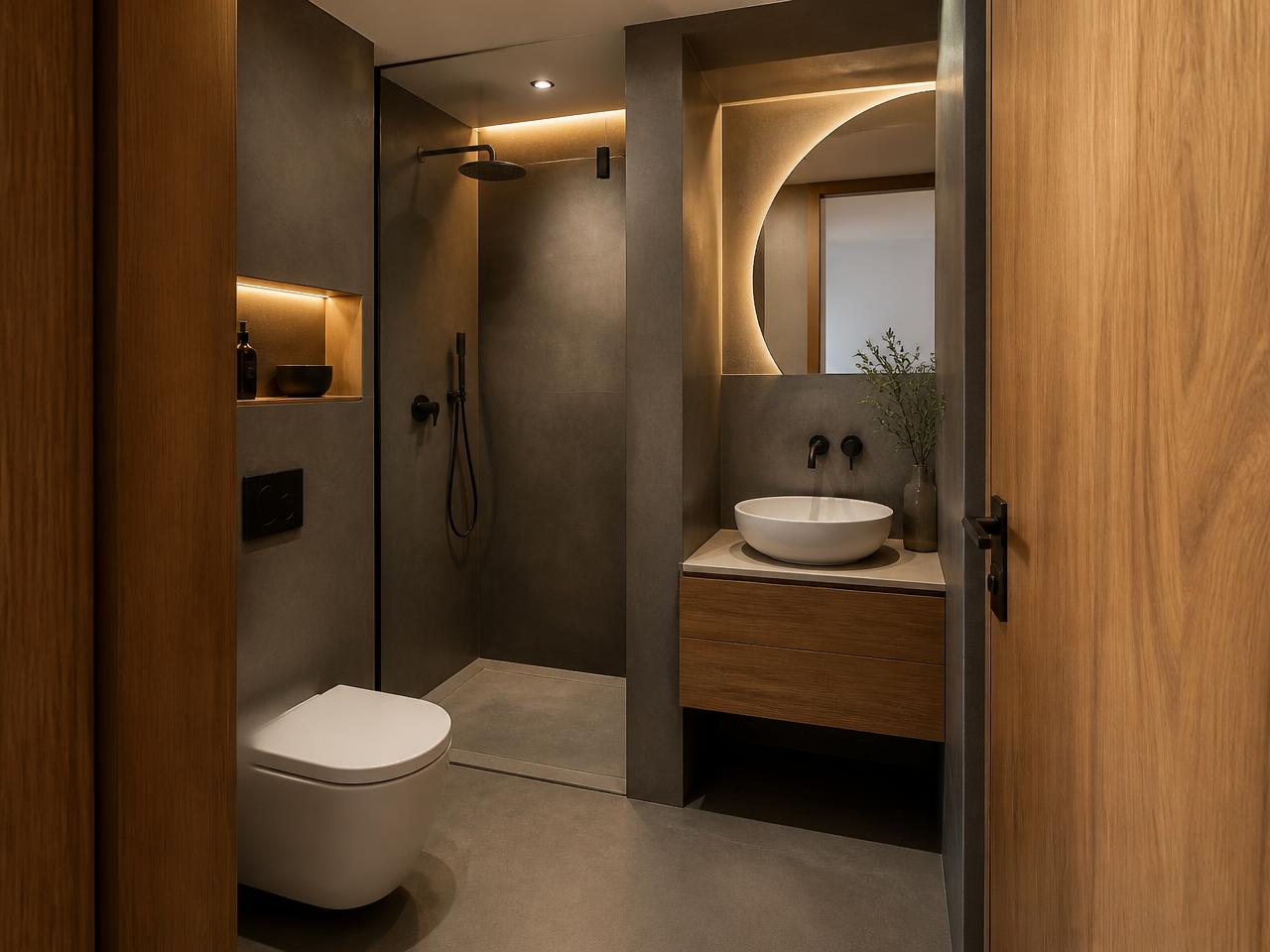 Interior of the AM Bay Wet unit with WC, shower and washbasin behind a pivoting door