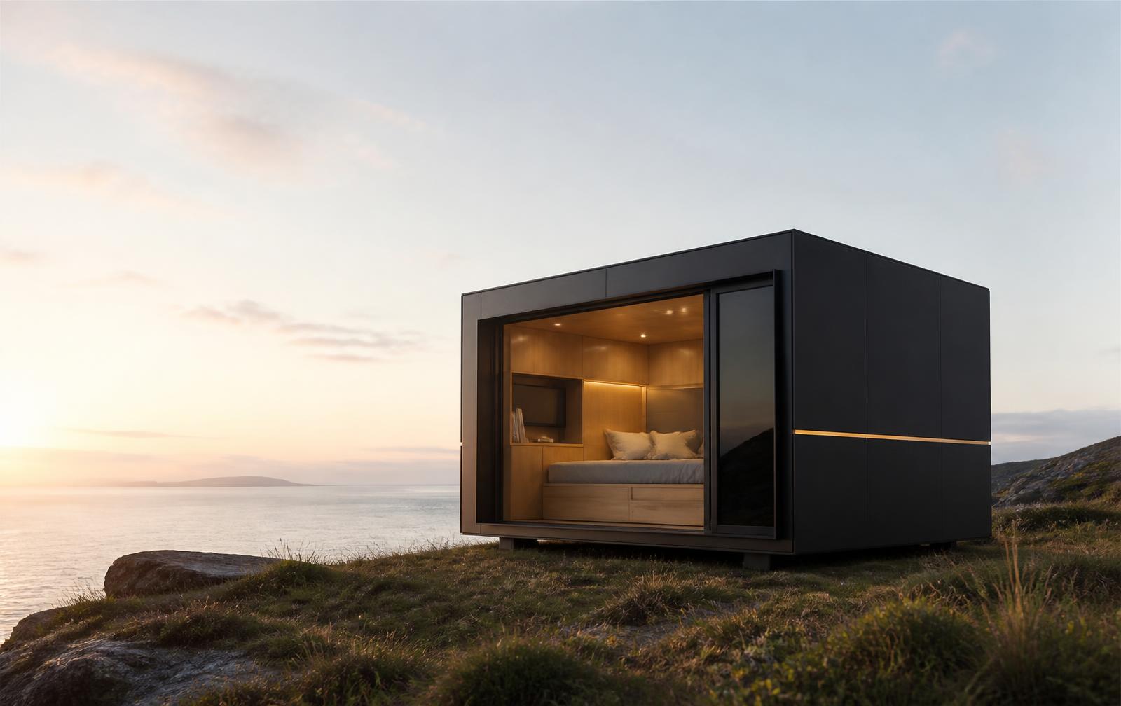A single AM Bay unit on a clifftop above the sea with its glazed door open