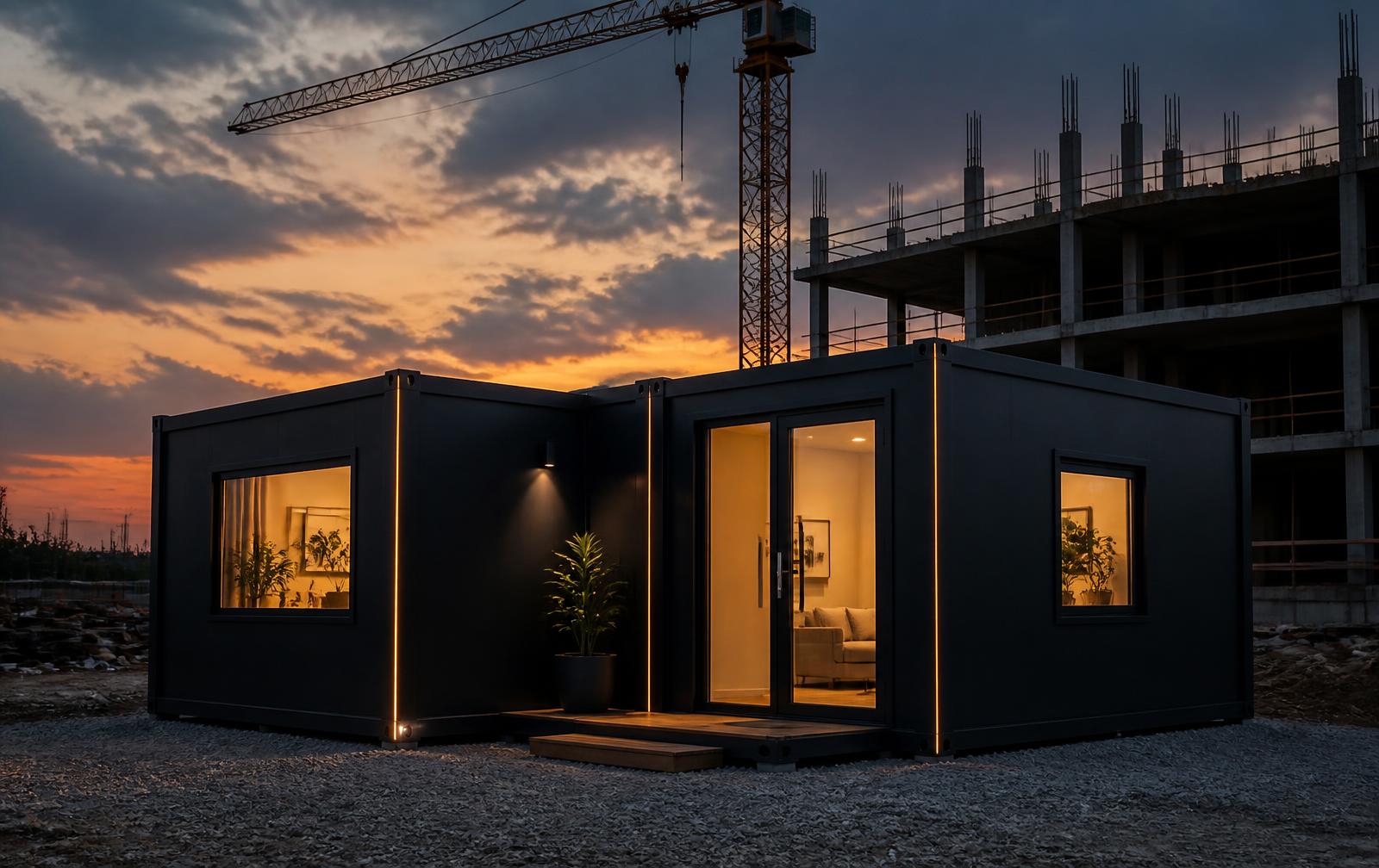 Two joined AM Bay units on a construction site at dusk with lights on inside